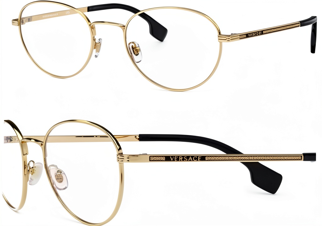 Versace men's eyeglasses with gold metal front and black temples on a display stand