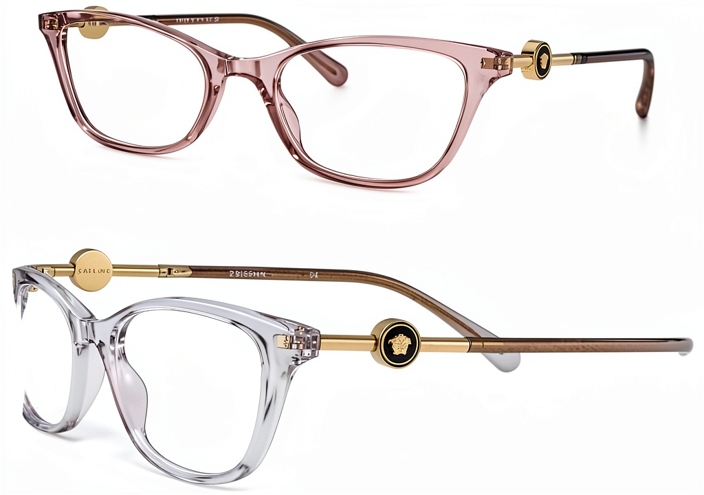 Versace women's eyeglasses showcasing the cat eye design and transparent grey frame