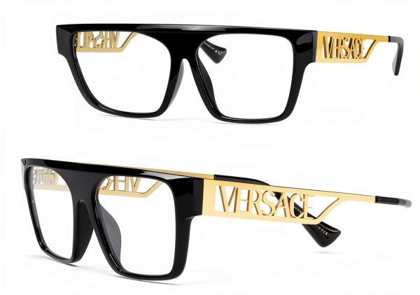 Versace Mens Eyeglasses Black Gold Rectangle Frame-0