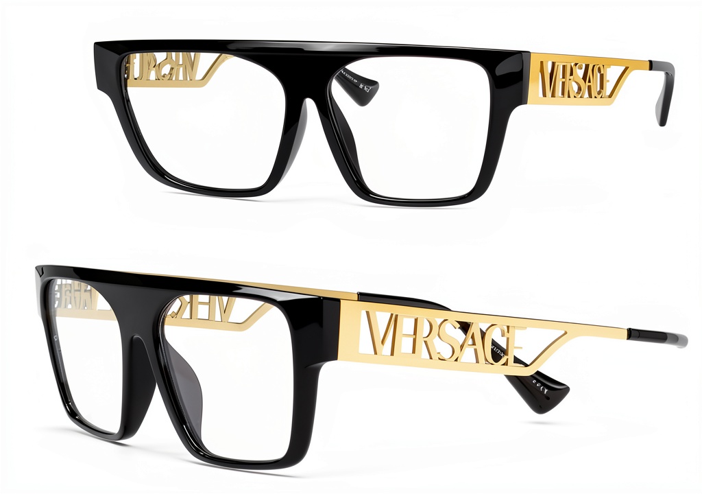 Versace men's eyeglasses showing black acetate frame and gold temples