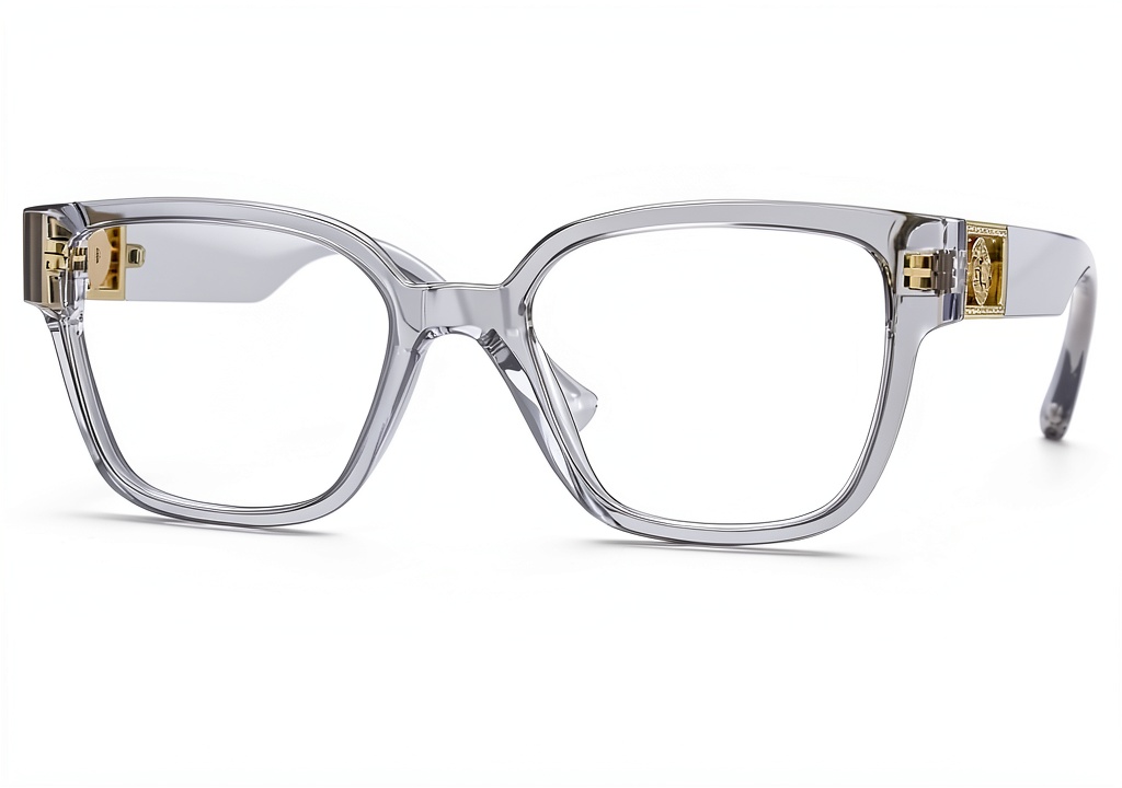 Versace eyeglasses displayed on a neutral background highlighting the transparent grey frames