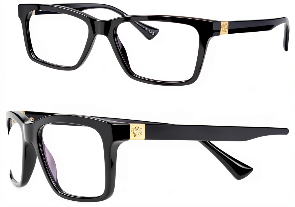 Versace mens eyeglasses with black acetate frame on a wooden surface