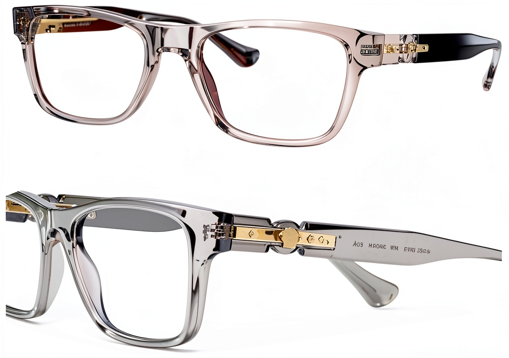 Versace mens eyeglasses showing transparent grey acetate frame and rectangle design