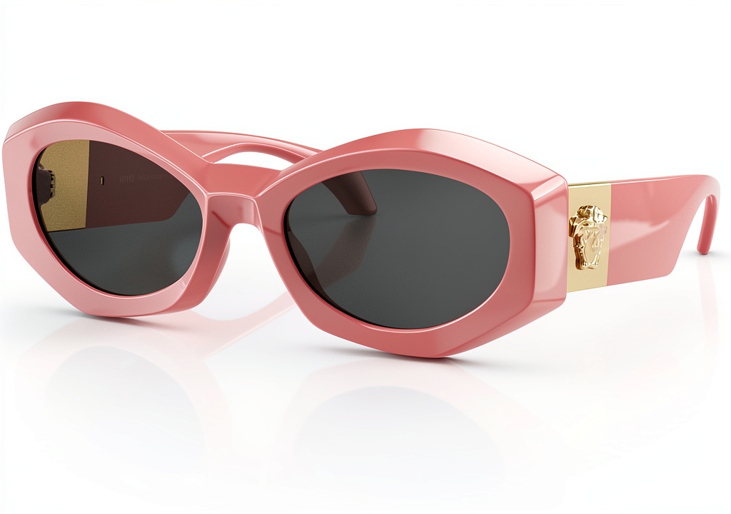 'Woman wearing pink full-rim sunglasses outdoors'