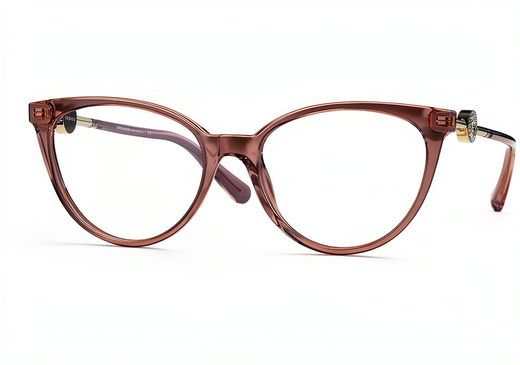 Luxottica transparent pink acetate eyewear frames displayed on a neutral background