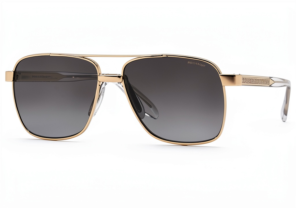 Versace Mens Sunglasses Polarized Square Frame Pale Gold displayed on a wooden desk with packaging