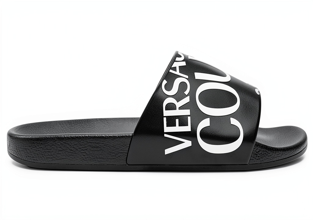 Versace slide sandals showing open toe design on a model