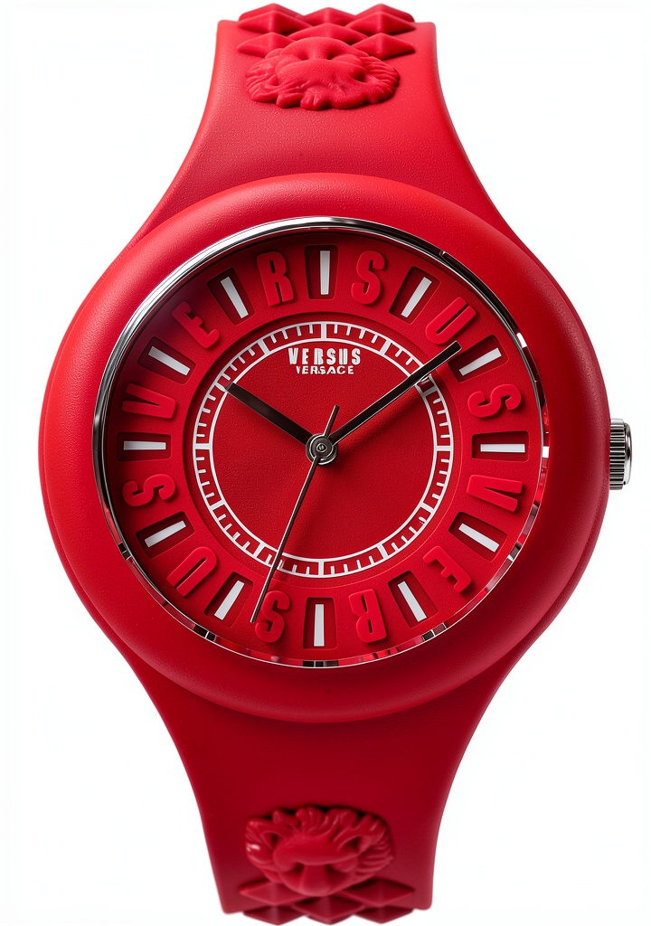 Versace red watch on a woman's wrist during a city outing