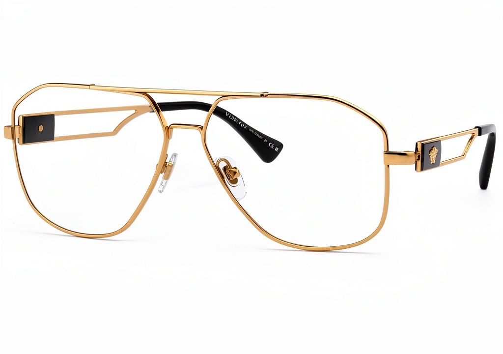 Versace gold metal frame pilot sunglasses displayed on a marble surface